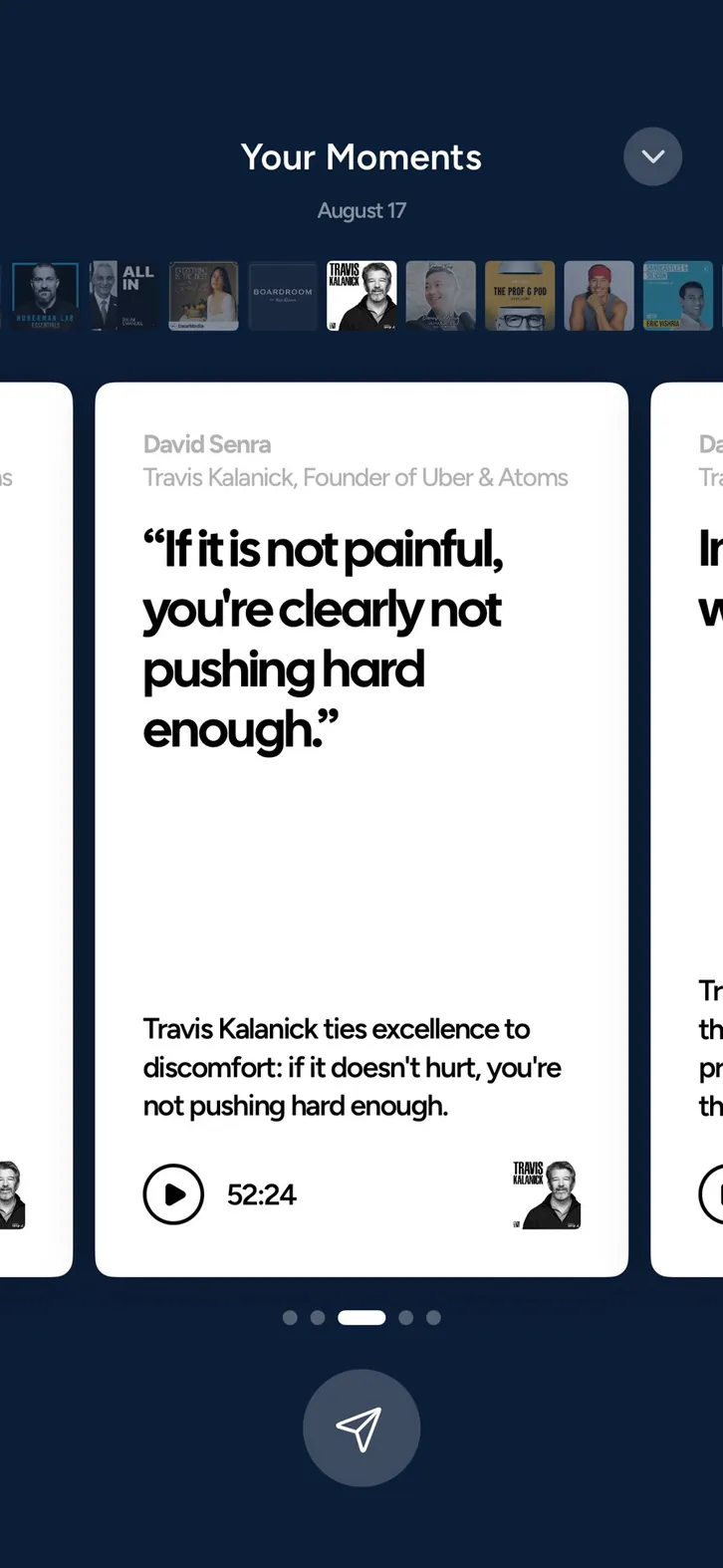 The vo app Moments screen, showing a saved quote card ready to share